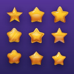 Cartoon rating stars vector icons or ui design elements, yellow golden glossy stars. Game assets for user interface, app and score display, winner achievement, isolated rate or level up symbols set