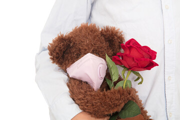 A plush dog wearing a mask holding a red rose during Valentine's Day
