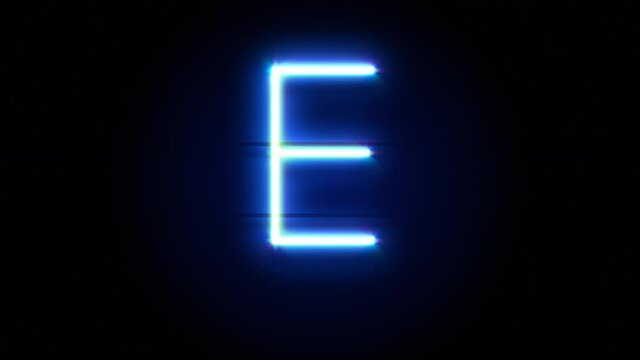 Neon font letter E uppercase appear in center and disappear after some time. Animated blue neon alphabet symbol on black background. Looped animation.