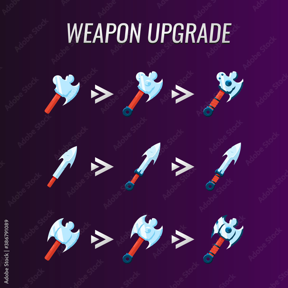 Poster collection set of gui weapon upgrade for game ui asset elements vector illustration