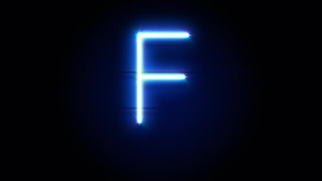 Neon font letter F uppercase appear in center and disappear after some time. Animated blue neon alphabet symbol on black background. Looped animation.