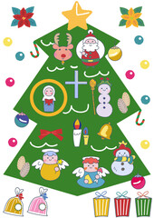 クリスマス　幸福なツリーとオーナメント　イラスト	
