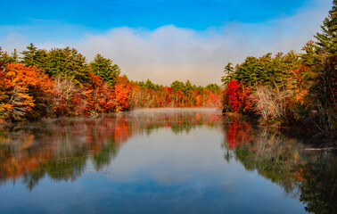 Awesome reflection of autumn lake on a misty morning