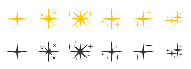 Set of flat black yellow silhouette sparkles symbol icon. Glyph decoration starry twinkle shiny flash. Glitter bright different shape, burst firework glowing light effect Isolated vector illustration