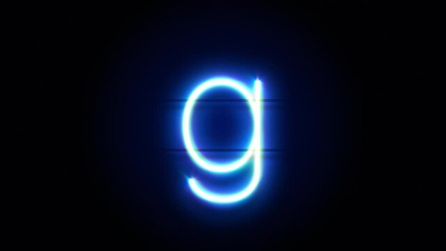 Neon font letter G lowercase appear in center and disappear after some time. Animated blue neon alphabet symbol on black background. Looped animation.