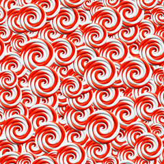 Red and white twisted lollipops. Seamless texture. 3D rendering and 3D illustration.