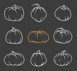 Set of white doodle Autumn pumpkin icon. Line sign Thanksgiving and Halloween, season crop capacity. Contour template different shape gourd. Linear style pictogram Isolated on dark vector illustration