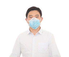 Portrait of man wearing double mask in front of white background