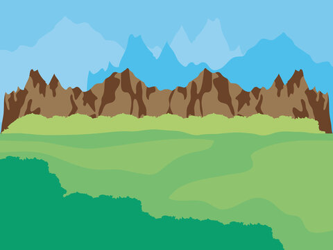 brown rocks mountains and forest landscape, colorful design