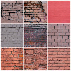 Collection of backgrounds with brick walls. Set of masonry textures. Surfaces of old weathered rough brickwork.