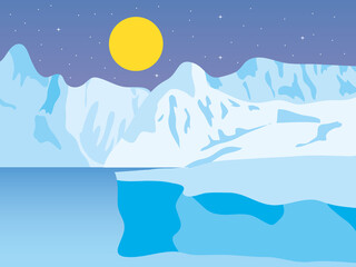 cartoon nature winter arctic night landscape with icebergs