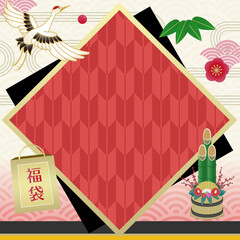 正月新春セール　販促バナーデザインテンプレート　正方形　/ 福袋、門松、鶴