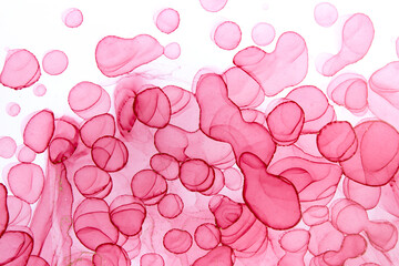 Transparent pink handdrawn watercolor drops on white background. Bubbles imitation.