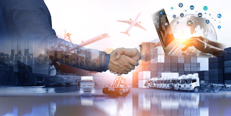 Business people shaking hands, success business of Logistics Industrial Container Cargo freight ship for Concept of fast or instant shipping, Online goods orders worldwide © Travel mania