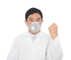 Doctor wearing a mask makes a fist making a cheering gesture