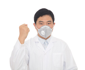 Doctor wearing a mask makes a fist making a cheering gesture