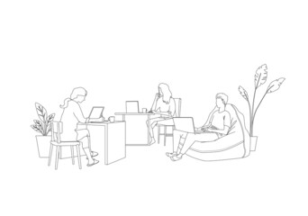 line drawing illustration of people working with computers in a comfortable position.