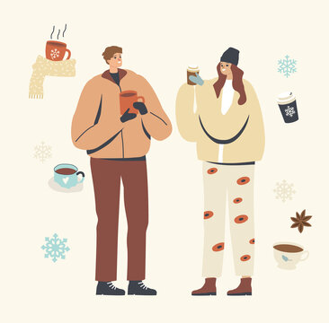 Young Male or Female Characters in Warm Clothes Enjoying Winter Coffee Outdoors. People Drinking Hot Drink at Wintertime