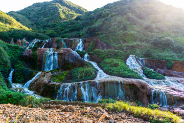 台湾 黄金瀑布 滝 瀑布 夕焼け