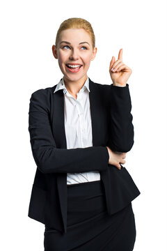 businesswoman has an idea in front of a white background