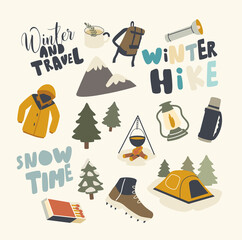 Set of Icons Winter Hike Theme. Backpack, Warm Clothes or Tourist Equipment Cauldron, Tent, Shoes and Matches, Lantern
