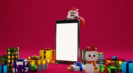 Fototapeta premium 3D render concept illustration of Santa Claus character carrying giant red bag hanging on top of smartphone surrounded with many gift boxes in bright pink color background