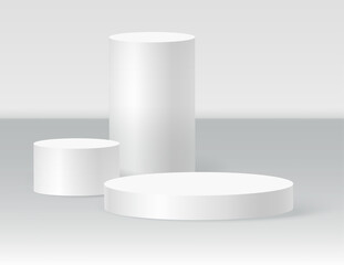 Cylinder podium scene, winner pedestal. White cylinder template for showroom podium scene. Vector white pedestal for product presentation.