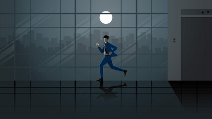 Hurry up office people run from the lift hall workplace in the dark and full moonlight. City lifestyle of work hard overtime and overwork. Economics and business vector illustration concept idea scene
