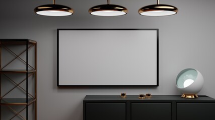 Modern interior with framed blank canvas