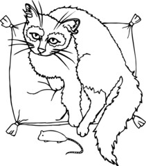 Cute vector cat resting on a pillow and playing with a mouse.