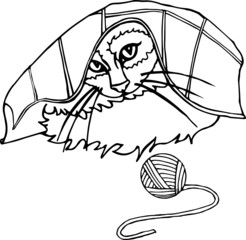 Cute vector cat hiding under the blanket and playing with a clew.