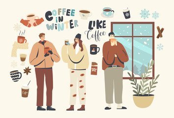 Male and Female Characters Drinking Coffee, Young People in Warm Clothes Holding Cup with Hot Drink near Snowy Window