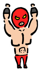 Wrestler raising hands : Hand drawn vector illustration like woodblock print