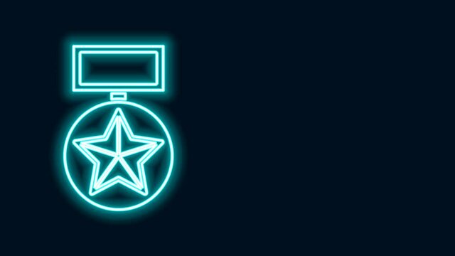 Glowing neon line Military reward medal icon isolated on black background. Army sign. 4K Video motion graphic animation