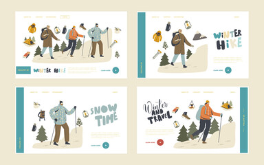 Winter Hiking Landing Page Template Set. Backpackers Climb on Rock with Scandinavian Sticks. Men, Travelers Adventure