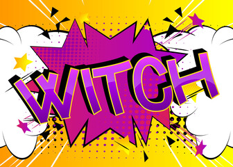 Witch Comic book style cartoon words on abstract colorful comics background.