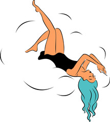 Vector illustration. A girl flies up on a cloud and writes a message on her phone