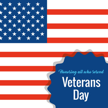 happy veterans day, lettering in badge and american flag