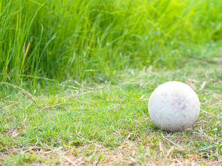 White old ball on green grass in the field