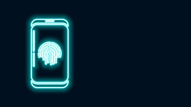 Glowing neon line Smartphone with fingerprint scanner icon isolated on black background. Concept of security, personal access via finger on mobile phone. 4K Video motion graphic animation
