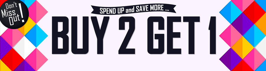 Buy 2 Get 1 Free, sale web banner design template, discount horizontal poster, vector illustration
