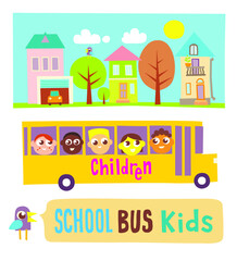 School bus and town city street background, isolated vector illustration. Design for web and mobile app.
