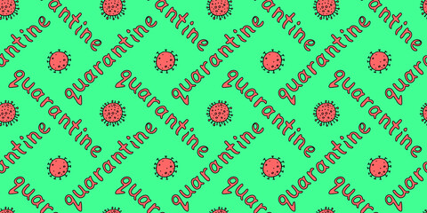 Vector seamless pattern with the quarantine logo - inscription and icon of molecule, virus cell. The topic of self-isolation, self-defense, protection and time of spread of coronavirus