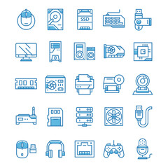 Set of Computer and Hardware icons with blue style.
