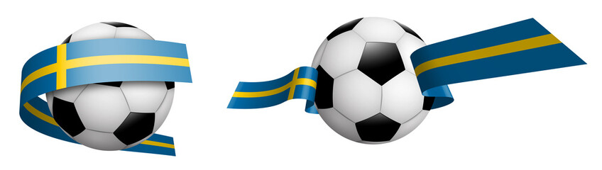 Obraz premium balls for soccer, classic football in ribbons with colors of Sweden flag. Design element for football competitions. Swedish national team. Isolated vector on white background