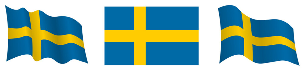 Sweden flag in static position and in motion, developing in wind in exact colors and sizes, on white background