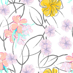 Pink Flowers Blooming Pattern. Pastel Watercolor.