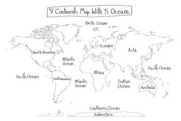 7 Continents map with 5 Oceans vector isolated on white background, freehand drawing, doodle style.