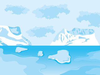 arctic landscape with icebergs and blocks floating, colorful design