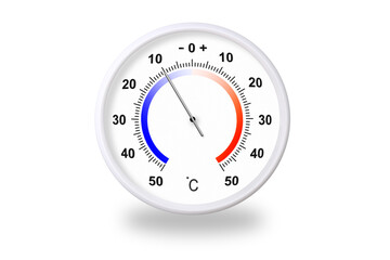 Outdoor thermometer on white background. Ambient temperature minus 10 degrees celsius